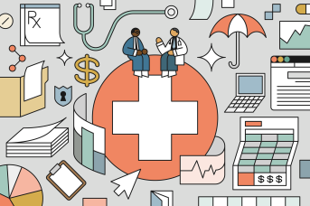 Illustration of two men having a conversation sitting on top of a health care symbol surrounded by various symbols representing things like data, technology, cost and coverage