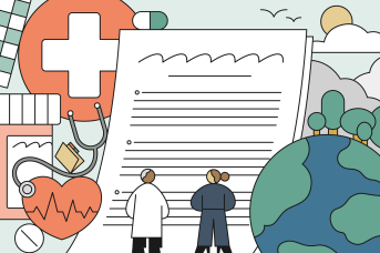 Illustration of two people reviewing policy about health care and climate change