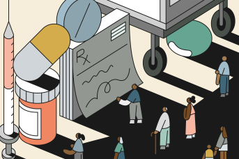 Illustration of people of color standing in the shadows of a wall of medical items