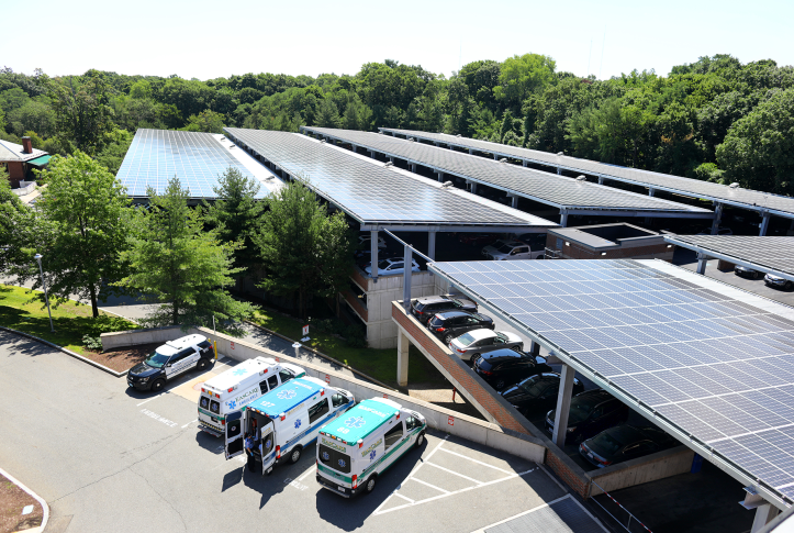 Solar panels over parking lot at hospital