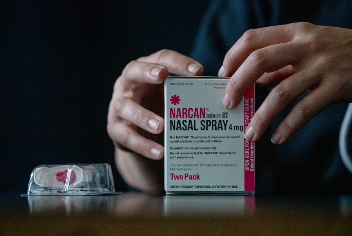 Box of Narcan nasal spray on table