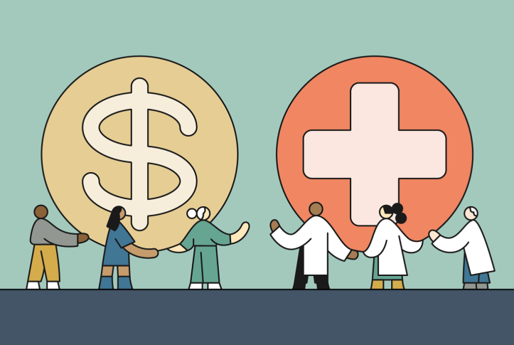 Illustration of patients and providers holding up symbols for payment and health care