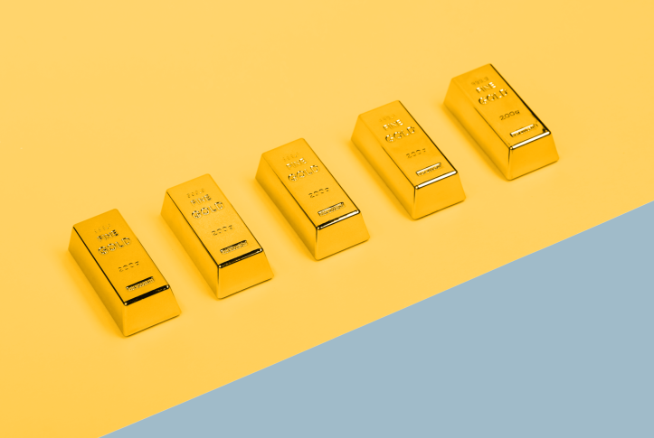 High angle view of a row of gold ingot 