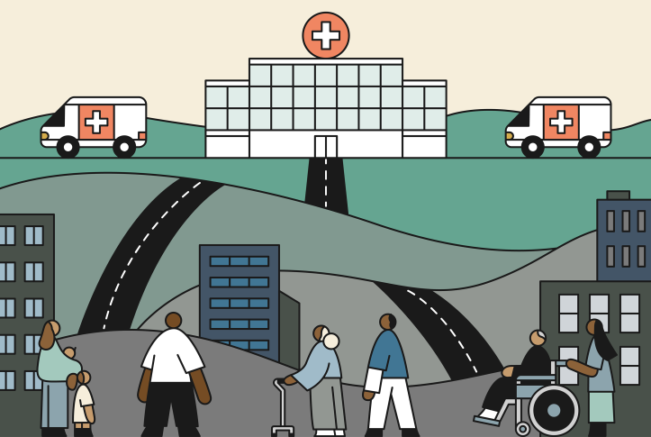 Illustration of patients trying to get to a hospital via winding roads