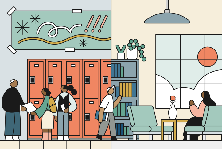 illustration of students in front of lockers and then moving to a classroom