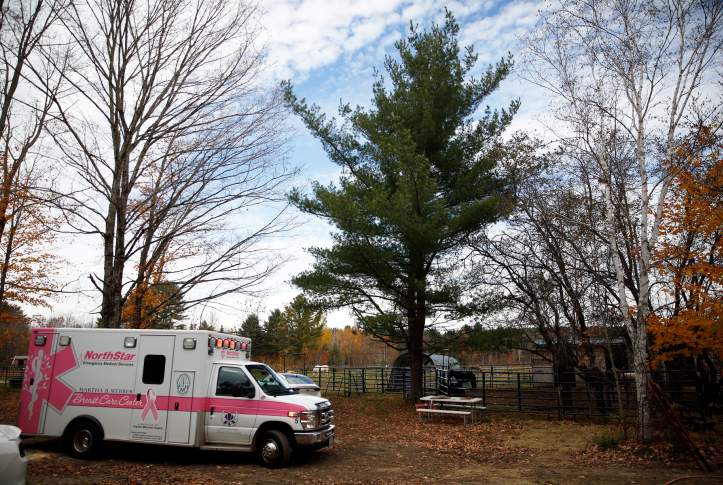 A NorthStar Ambulance stands at the ready near a farm in Industry, Maine.