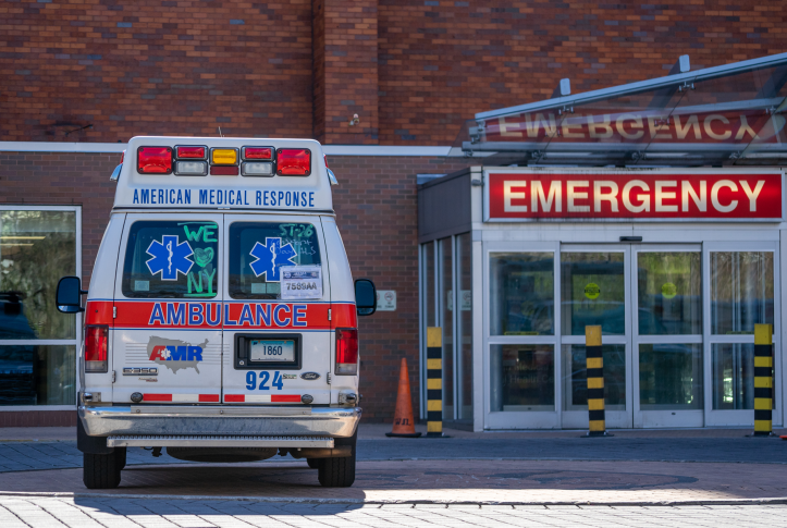 An ambulance sits in the emergency department bay of Lincoln Medical Center in the Bronx borough of New York City on Apr. 16, 2020. 