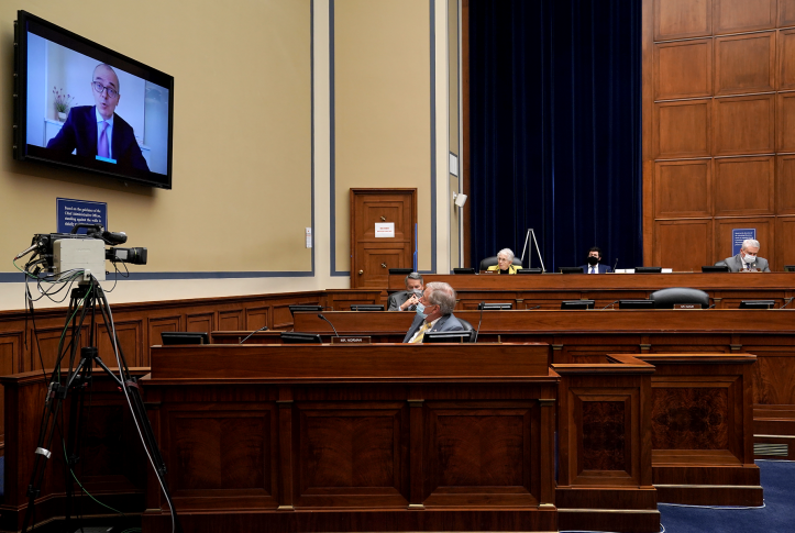 Dr. Giovanni Caforio, chairman and CEO of Bristol Myers Squibb, is remotely questioned by Rep. Virginia Foxx (R–N.C.) during a hearing to discuss unsustainable drug prices with CEOs of major drug companies on September 30, 2020, in Washington, D.C.
