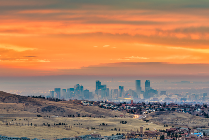 Denver, Colorado downtown skyline viewed from Red Rocks at dawn.