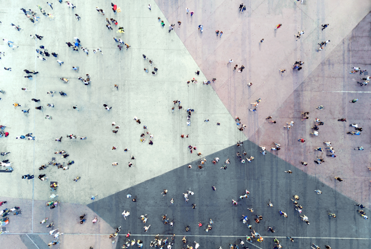 Birds eye view of people walking in a crowded square