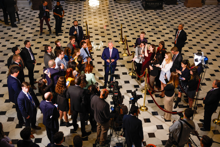 Photo, aerial view of press conference