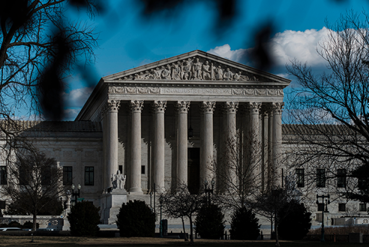 Photo, view of Supreme Court from afar through trees.