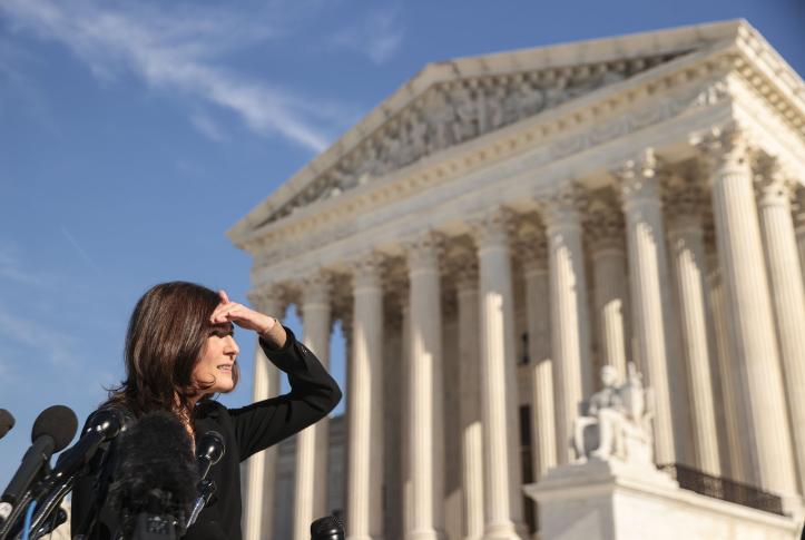 Julie Rikelman speaks to the media after arguing before the U.S. Supreme Court in Dobbs v. Jackson Women's Health