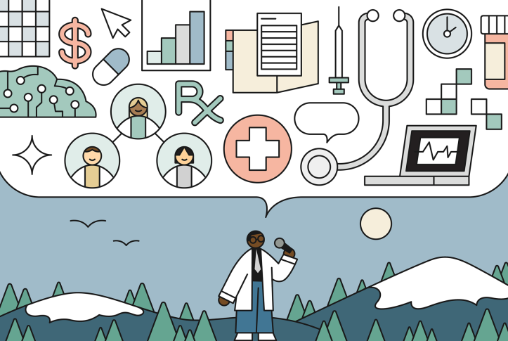 Illustration of a black male doctor speaking into a microphone with a large chat bubble containing various health care icons.