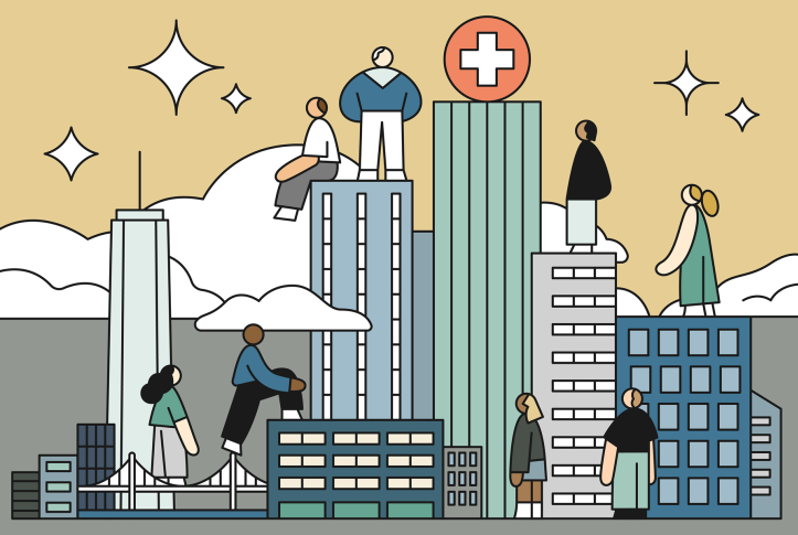 Illustration, Diverse people climbing the skyline of New York City towards a health care symbol