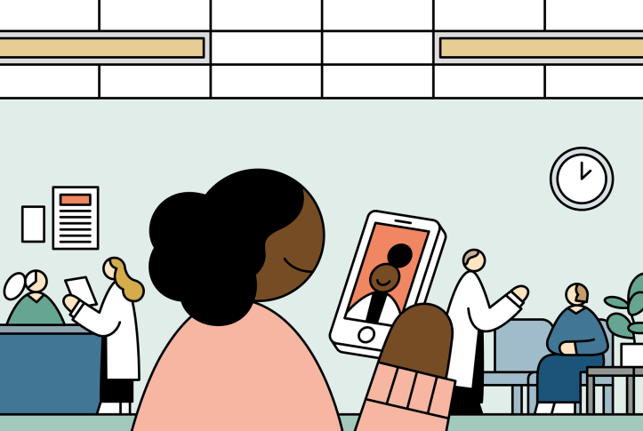 Illustration, Black woman on phone with Black doctor surrounded by white doctors in the background