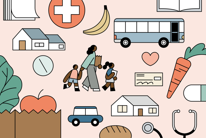 Illustration; mother and her children walking amidst various icons representing health care and healthy living