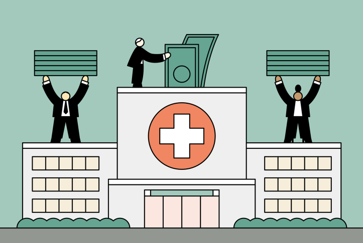 Illustration, small people in business suits putting money into a hospital like a piggy bank
