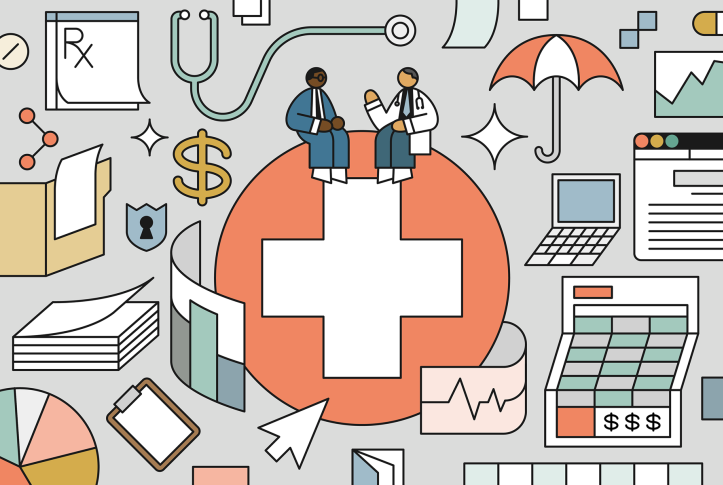 Illustration of two men having a conversation sitting on top of a health care symbol surrounded by various symbols representing things like data, technology, cost and coverage