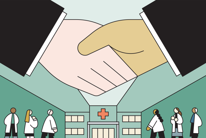 Two hands of people in suits shaking in the foreground, in the background are doctors and a hospital