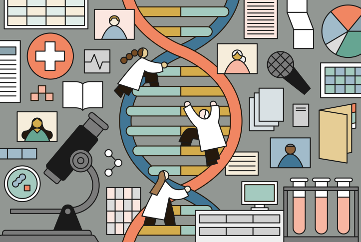 Illustration of doctors climbing up a DNA strand surrounded by lab equipment and other medical imagery