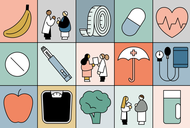 Illustration of doctors and patients talking surrounded by a variety of obesity icons including a scale and GLP-1 medication.