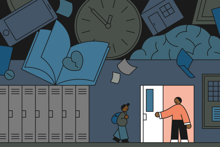 Illustration of student entering a safe classroom door held open by a teacher, in an effort to escape a school hallway that is filled with overwhelming mental health imagery