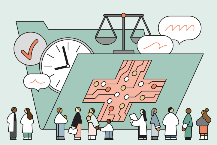 Doctors and patients observing a folder with an AI label which contains various things inside it like a clock, scale, and chat bubbles