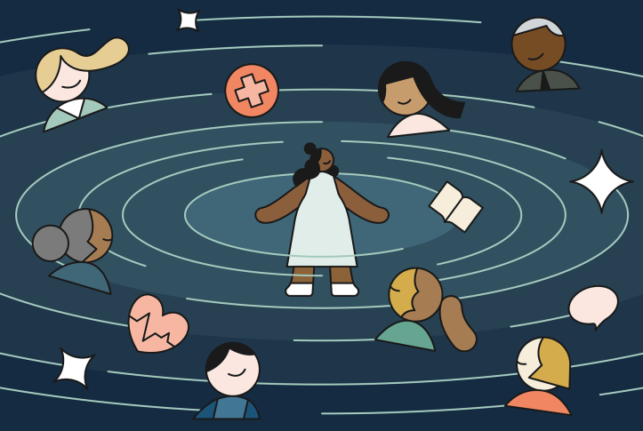 Illustration of a pregnant woman inside a swirling galaxy of heads representing her support system