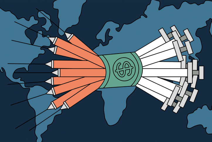 Illustration of a bundle of COVID-19 vaccine vials wrapped in U.S. dollars over a world map