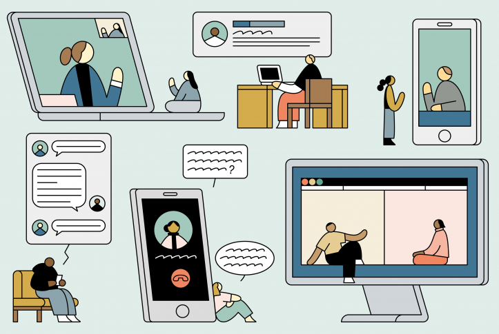 Illustration of various forms of online therapy featuring a variety of different patients and doctors using computers and mobile devices to talk, text, and video chat