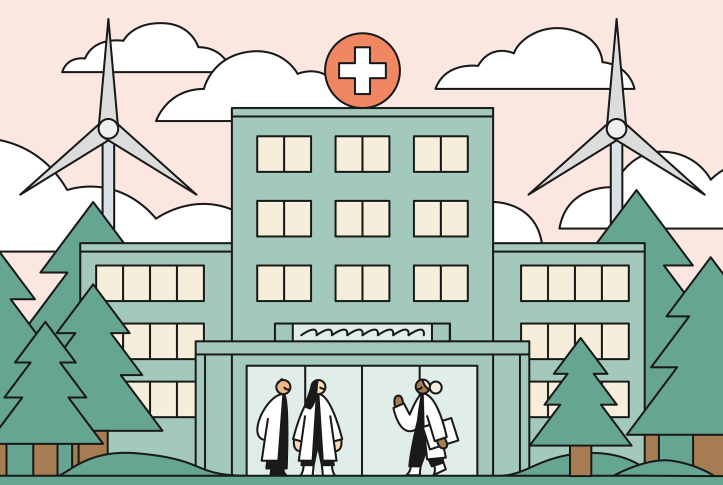 Illustration of hospital with trees and wind turbines surrounding it