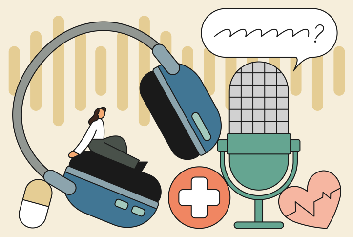 Illustration of podcast host sitting on oversized headphones along with oversized mic and various health care symbols