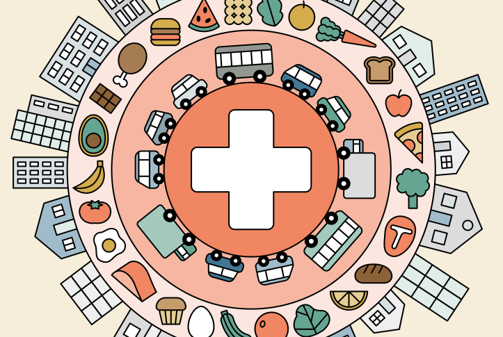 An illustration of social determinants of health radiating around a health care symbol. These determinants include things like housing, food, and transportation.