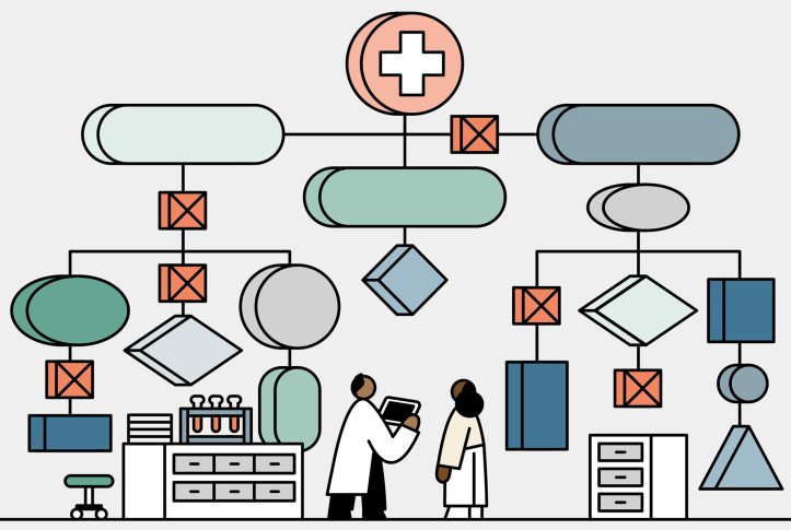 Illustration of a doctor and patient surrounded by a large algorithm in a clinical setting