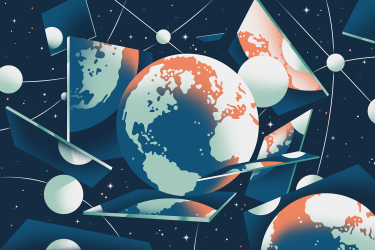 Illustration of the earth reflected in floating mirrors