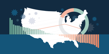 Graphic of United States map with charts and graphs as well as COVID-19 viruses
