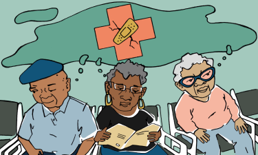 Illustration of three older adults in a doctor's office waiting room thinking about the broken health care system