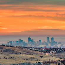 Denver, Colorado downtown skyline viewed from Red Rocks at dawn.