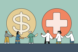 Illustration of patients and providers holding up symbols for payment and health care