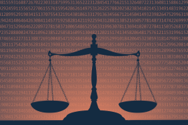 Scale in shadow on a background of rows of numbers to signify data.