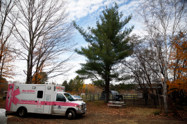 A NorthStar Ambulance stands at the ready near a farm in Industry, Maine.