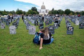 Photo, back of two people sitting on grass in front of fake graves in front of Capitol building