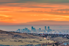 Denver, Colorado downtown skyline viewed from Red Rocks at dawn.