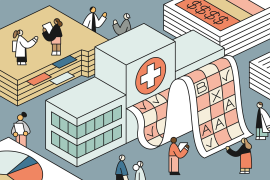 Illustration, hospital building surrounded by researchers, patients, and doctors as a large paper report card is being printed out