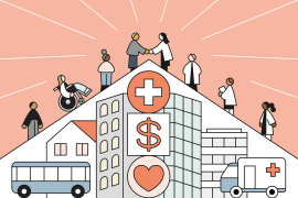 Illustration patients and doctors meeting in a handshake atop icons symbolizing value-based care like a plus sign, dollar sign, and heart.