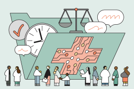 Doctors and patients observing a folder with an AI label which contains various things inside it like a clock, scale, and chat bubbles