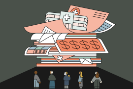 People staring up at a very large pile of medical bills with a hospital teetering on top