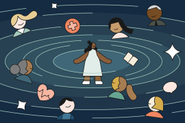 Illustration of a pregnant woman inside a swirling galaxy of heads representing her support system