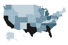Map colored by ACA marketplace enrollment numbers, 2025